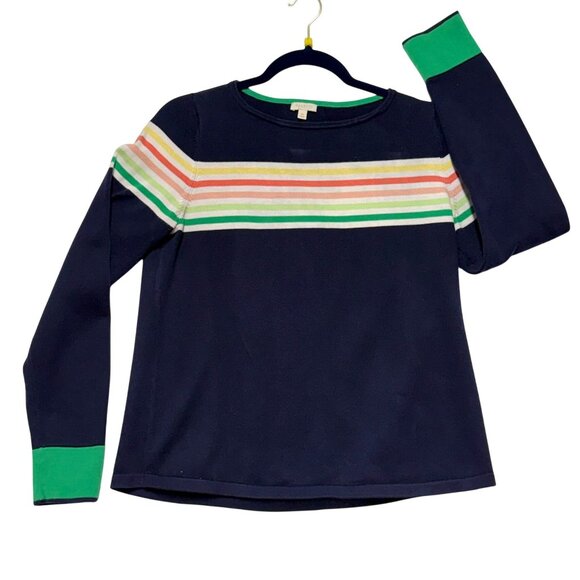Talbots Petite Navy Sweater With Rainbow Stripes & Green Cuffs MP - Picture 1 of 6